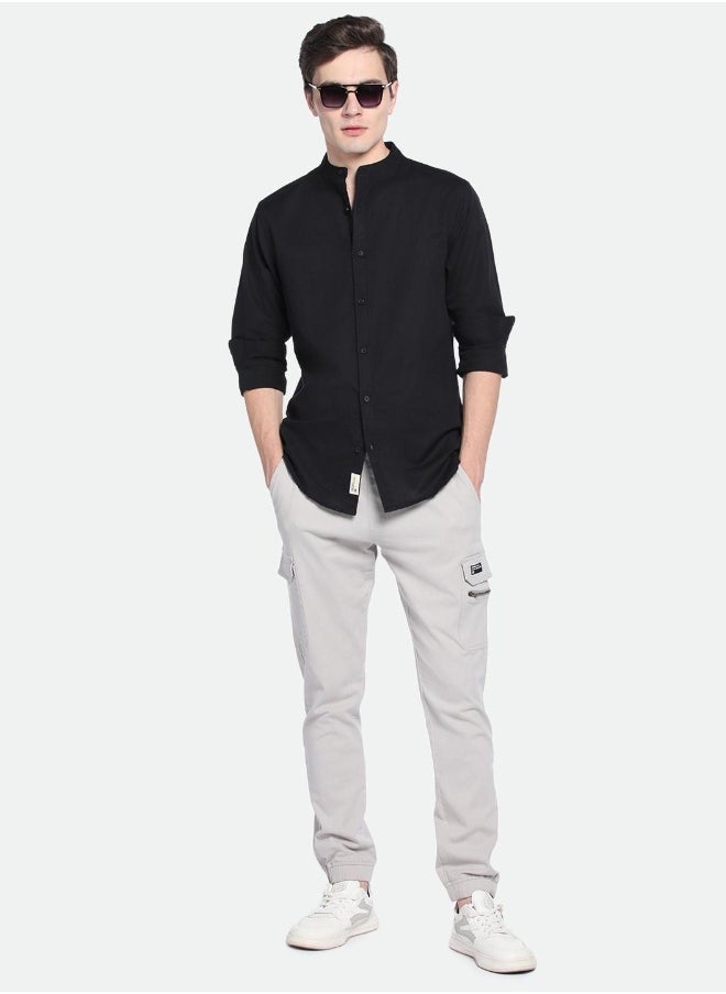 Dennis Lingo - Black Slim Fit Mandarin Collar Shirt for Men - Cotton, Solid, Full Sleeves, Casual - Image 1