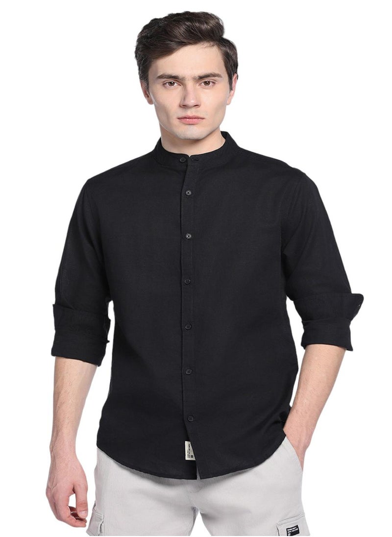 Dennis Lingo - Black Slim Fit Mandarin Collar Shirt for Men - Cotton, Solid, Full Sleeves, Casual - Image 1