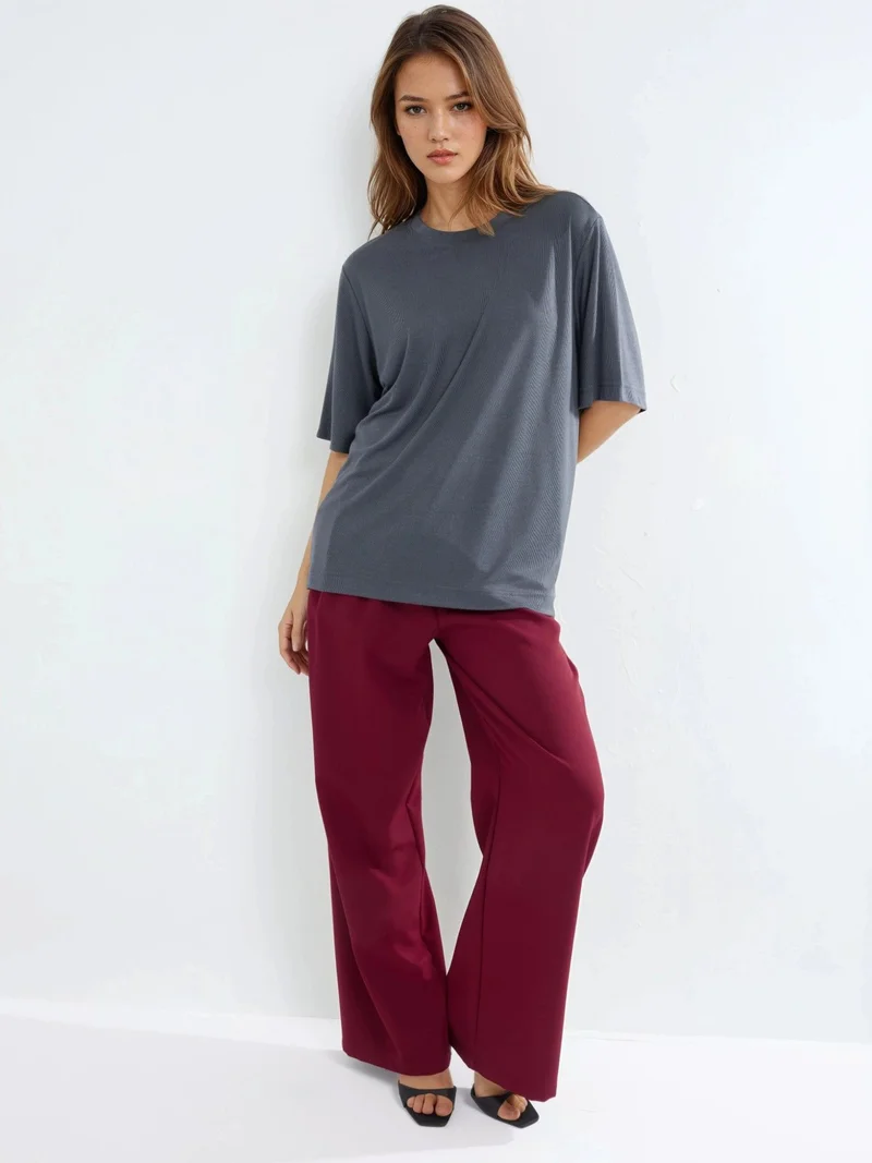 Busem Dark Grey BUSEM Oversized Crew Neck Ribbed T-Shirt for Women | Best Price UAE