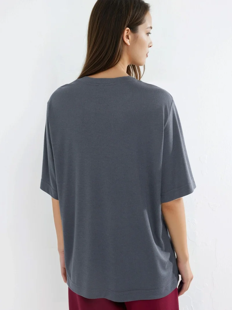 Busem Dark Grey BUSEM Oversized Crew Neck Ribbed T-Shirt for Women | Best Price UAE