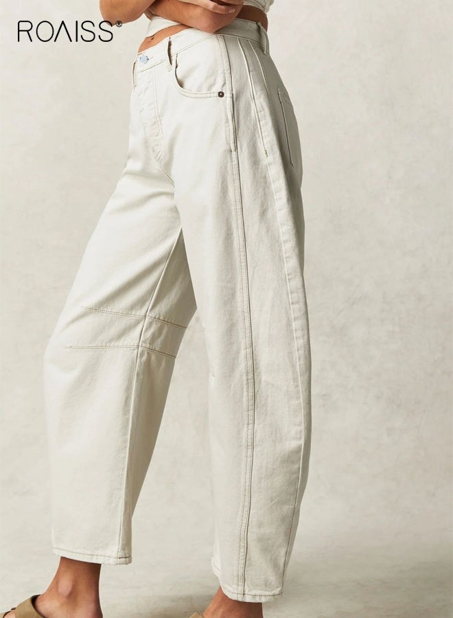 roaiss Women's Tube Jeans Leg Mid Rise Loose Fit Casual Pants Comfort Stretch Denim Lightweight Trousers Relaxed Silhouette Soft Breathable Fabric Everyday Versatile Ivory White - Image 1