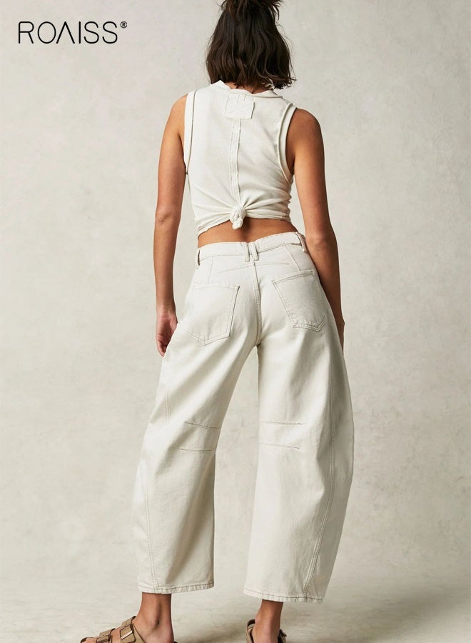 roaiss Women's Tube Jeans Leg Mid Rise Loose Fit Casual Pants Comfort Stretch Denim Lightweight Trousers Relaxed Silhouette Soft Breathable Fabric Everyday Versatile Ivory White - Image 3