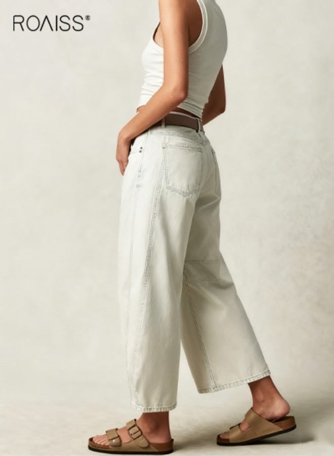 رويس بنطلون جينز نسائي فضفاض بخصر متوسط الارتفاع، بنطلون كاجوال مريح من قماش الدنيم المطاطي خفيف الوزن، تصميم مريح، قماش ناعم قابل للتهوية، متعدد الاستخدامات للاستخدام اليومي، عاجي أبيض - Image 5