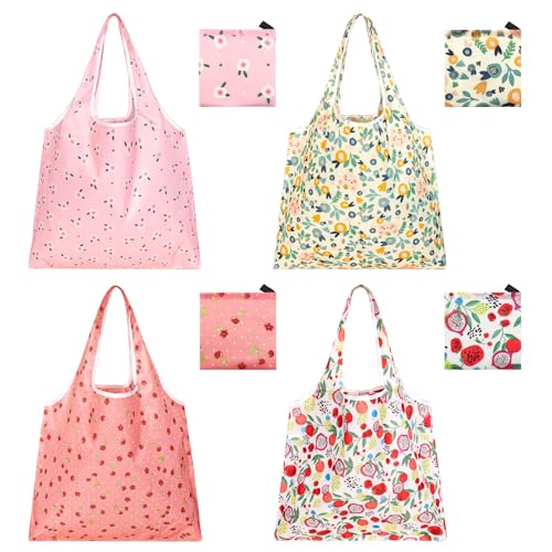 GAUENEEN 4 Pcs Reusable Grocery Bags, Foldable Shopping Bags Heavy Duty, Large Nano Bag Cute Tote Bag for Daily Shopping, Waterproof and Machine Washable (Flowers) - Image 1