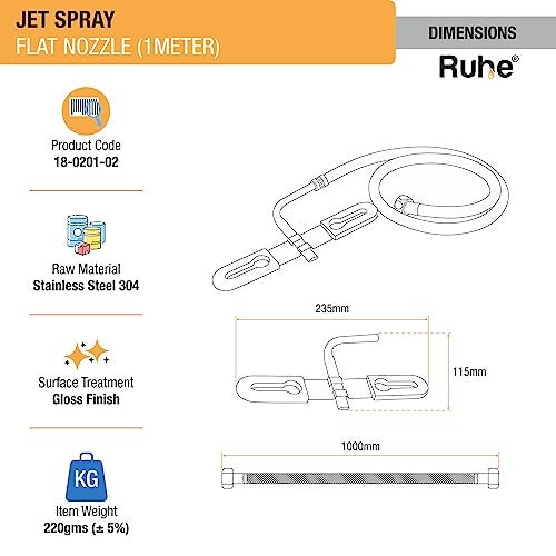 Ruhe® Jet Spray for Toilet | 304 Grade Stainless Steel Toilet Bidet Or Jet Hands-Free Spray | Flat Nozzle | 1 Meter Heavy PVC Hose | Set of 2 | (Glossy) - Image 2