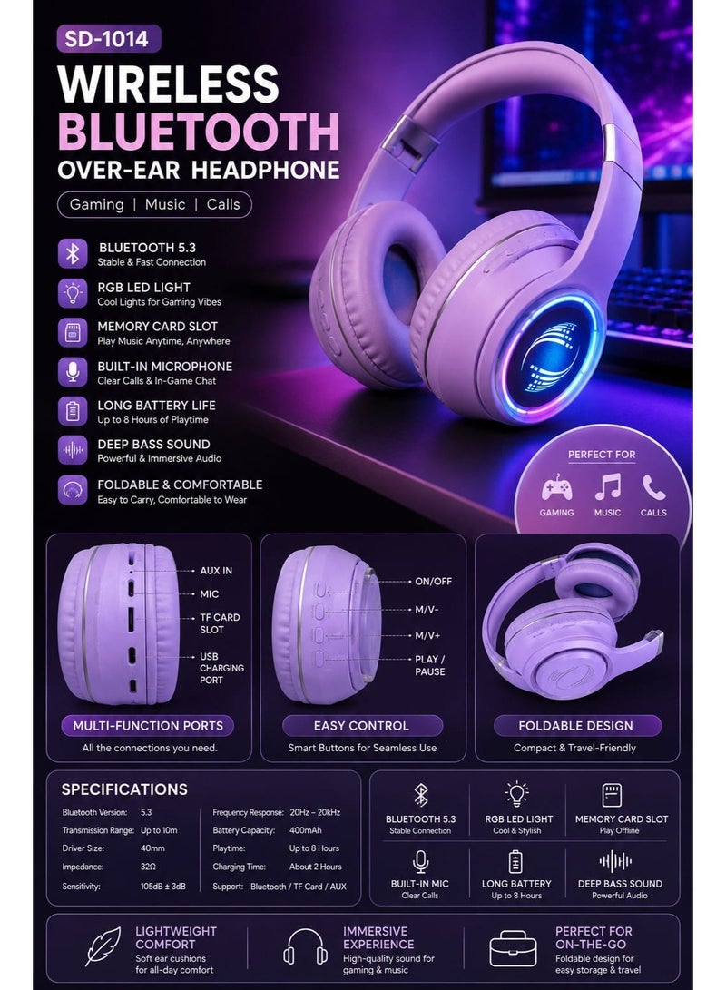 سودو سماعات رأس بلوتوث لاسلكية فوق الأذن SD-1014 مع إضاءة LED RGB وميكروفون مدمج، لون بنفسجي - Image 2