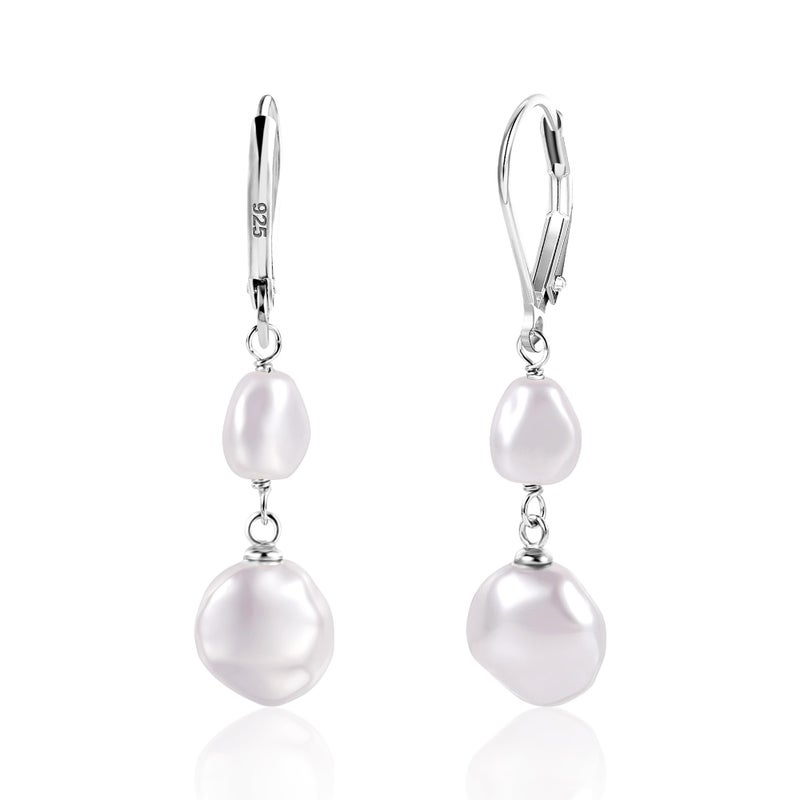 Lancharmed Silver Pearl Dangle Earrings for Women 925 Sterling Silver Double Pearl Drop Earrings Hypoallergenic Leverback Baroque Irregular Pearls Earring - Image 1