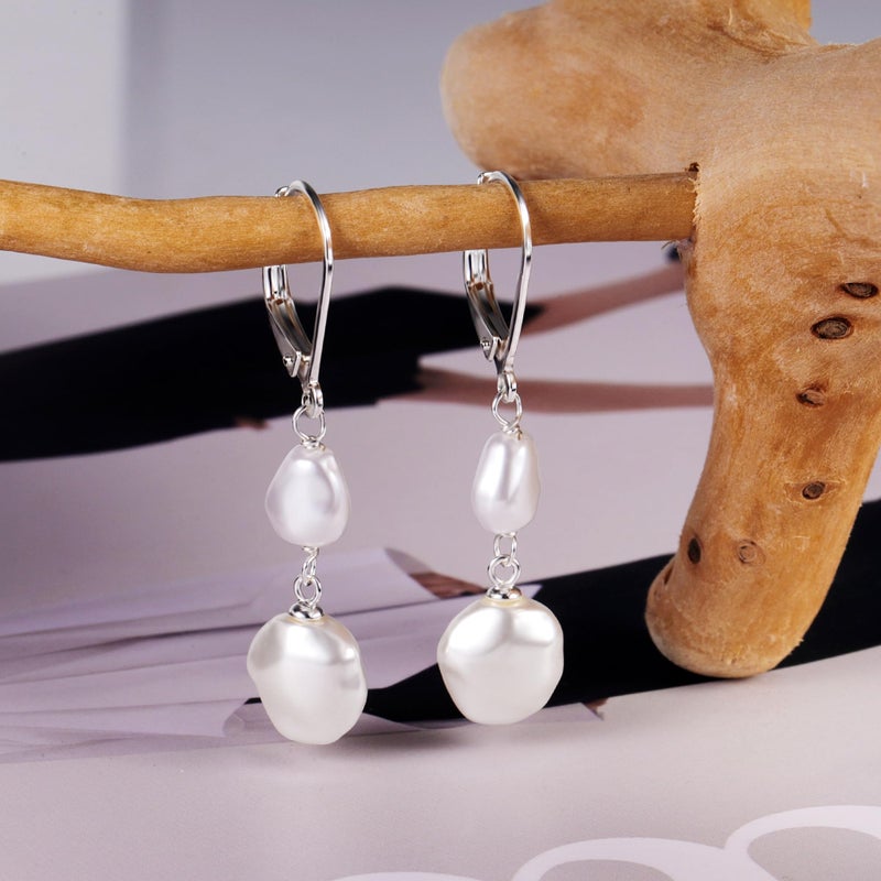 Lancharmed Silver Pearl Dangle Earrings for Women 925 Sterling Silver Double Pearl Drop Earrings Hypoallergenic Leverback Baroque Irregular Pearls Earring - Image 3