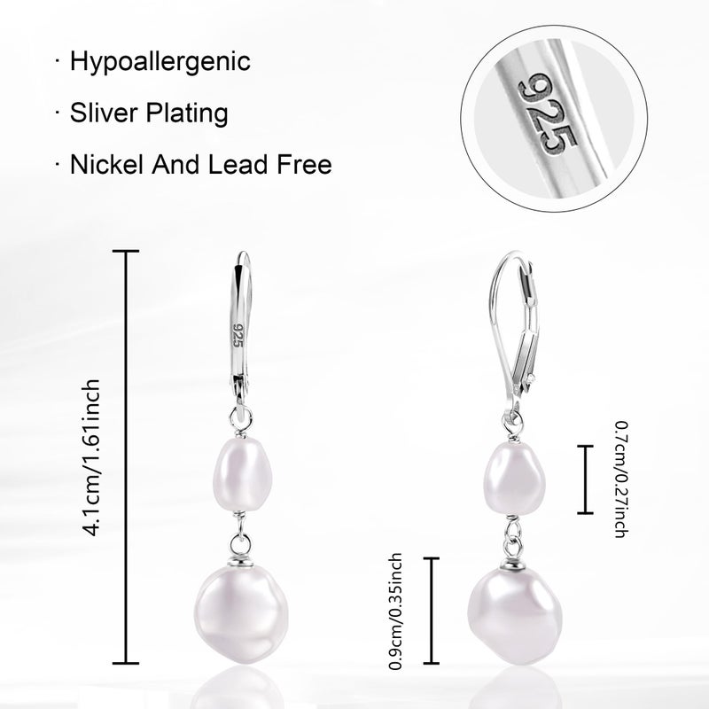 Lancharmed Silver Pearl Dangle Earrings for Women 925 Sterling Silver Double Pearl Drop Earrings Hypoallergenic Leverback Baroque Irregular Pearls Earring - Image 5