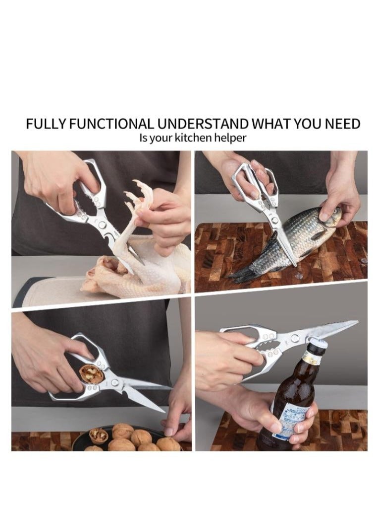 مقص مطبخ متعدد الوظائف، مقص مطبخ عالي التحمل، أدوات تقطيع الطعام، مقص طبخ للدجاج واللحوم والأسماك والدواجن (فضي) - Image 3