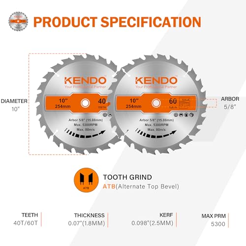 KENDO 2-Pack 10 Inch 40T&60T Carbide-Tipped Circular Saw Blade with 5/8 Inch Arbor, Professional ATB Finishing Woodworking Miter/Table Saw Blades for Plywood, Laminate, Ripping Wood - Image 2