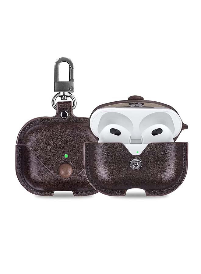 Leather Case Shockproof Cover With KeychainFor Apple AirPods 3 (3rd Generation) Dark Brown - Image 1