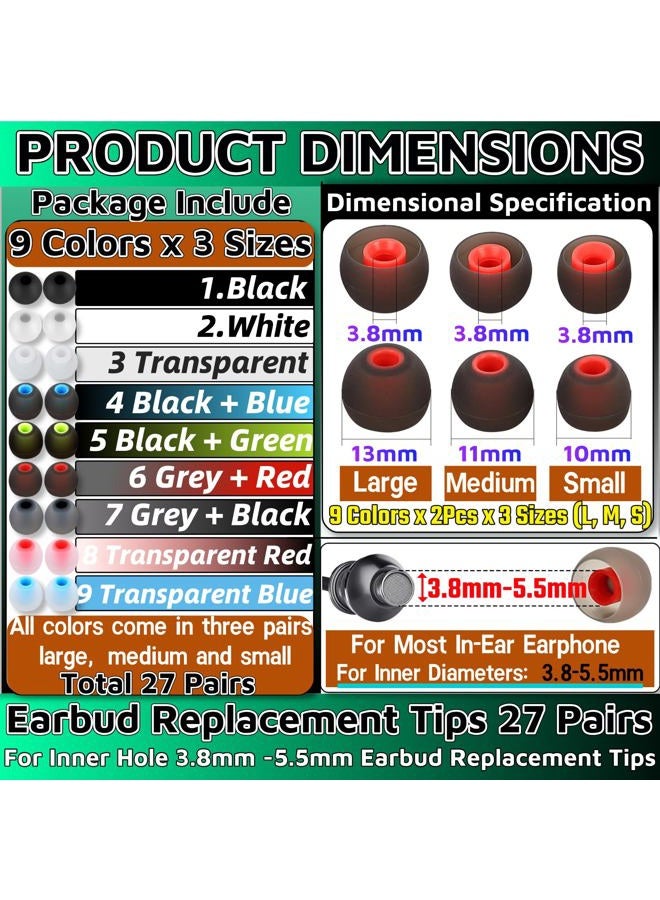 WenTigDY 54Pcs Earbud Replacement Tips，27 Pairs S M L Ear Bud Rubber Tips Silicone Earbud Tips Earbud Covers for Ears Headphone Ear Covers Replacement (Inner Hole 3.8mm -5.1mm) - Image 2