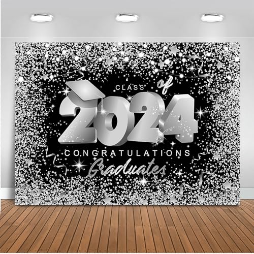 Mocsicka Class of 2024 Backdrop 7x5ft Black and Silver Glitter Congrats Grad Party Photo Backdrops Graduation Party - Image 2