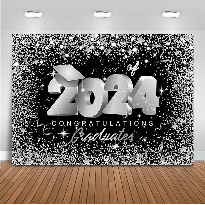 Mocsicka Class of 2024 Backdrop 7x5ft Black and Silver Glitter Congrats Grad Party Photo Backdrops Graduation Party - Image 1