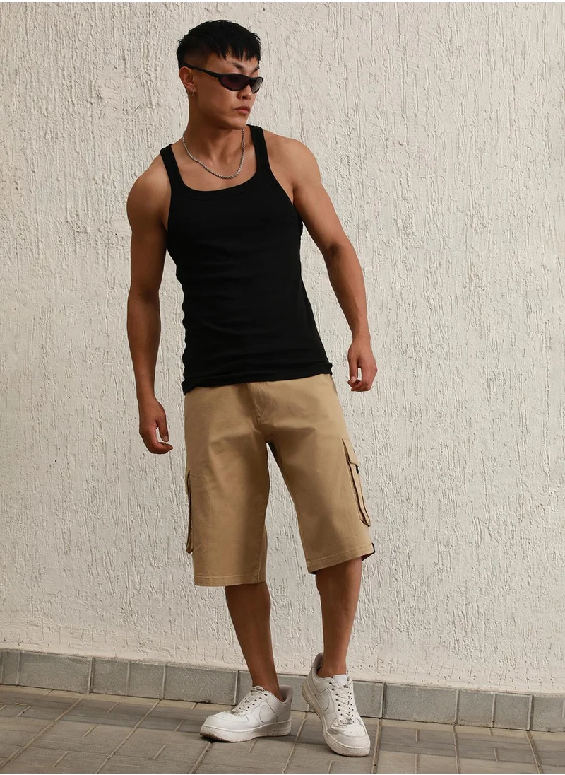 Hubberholme Men's Khaki Cotton Blend Solid Pattern Cropped Length Cargo Loose Shorts