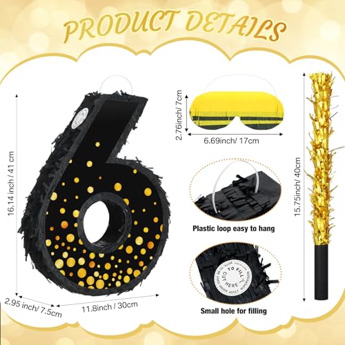 Poen Pinata for Birthday Party Decorations Black Gold Pinata with Blindfold Stick Confetti and Eye Mask for Party Supply Anniversary Baby Shower Retirement SuppliesNumber 6 - Image 5