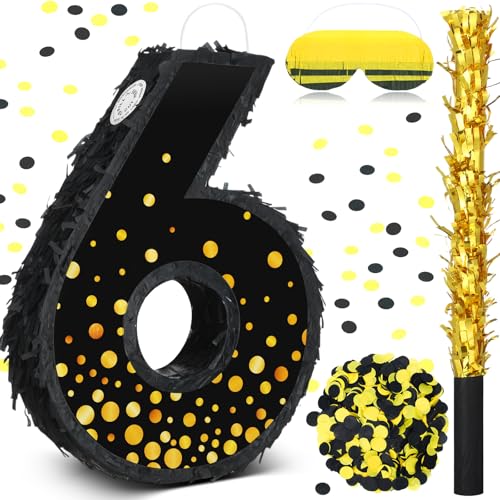 Poen Pinata for Birthday Party Decorations Black Gold Pinata with Blindfold Stick Confetti and Eye Mask for Party Supply Anniversary Baby Shower Retirement SuppliesNumber 6 - Image 1