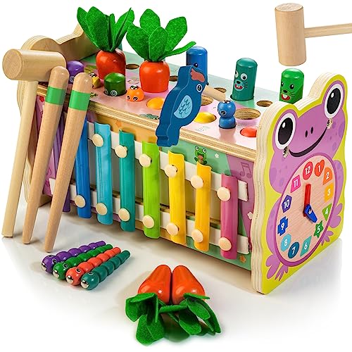 Amtreen 6in1 Wooden Montessori Toys for 1 Year Old MoleTapping Game Play the Xylophone Frog Clock Carrot Harvest Game Spinning Gear Baby Girls Toy Birthday Gift Early Learning - Image 1