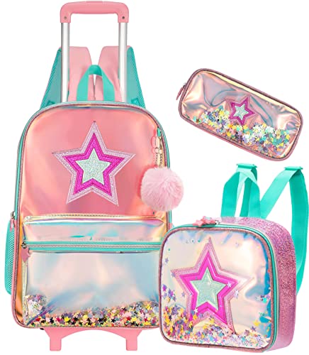 Meetbelify Girls Rolling Backpacks Wheels Roller Backpack Laptop Travel Luggage with Lunch Box for Elementary Girls Students Pink Star - Image 1