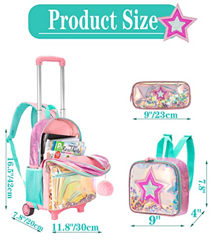 Meetbelify Girls Rolling Backpacks Wheels Roller Backpack Laptop Travel Luggage with Lunch Box for Elementary Girls Students Pink Star - Image 2