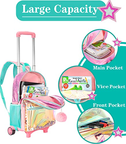 Meetbelify Girls Rolling Backpacks Wheels Roller Backpack Laptop Travel Luggage with Lunch Box for Elementary Girls Students Pink Star - Image 3