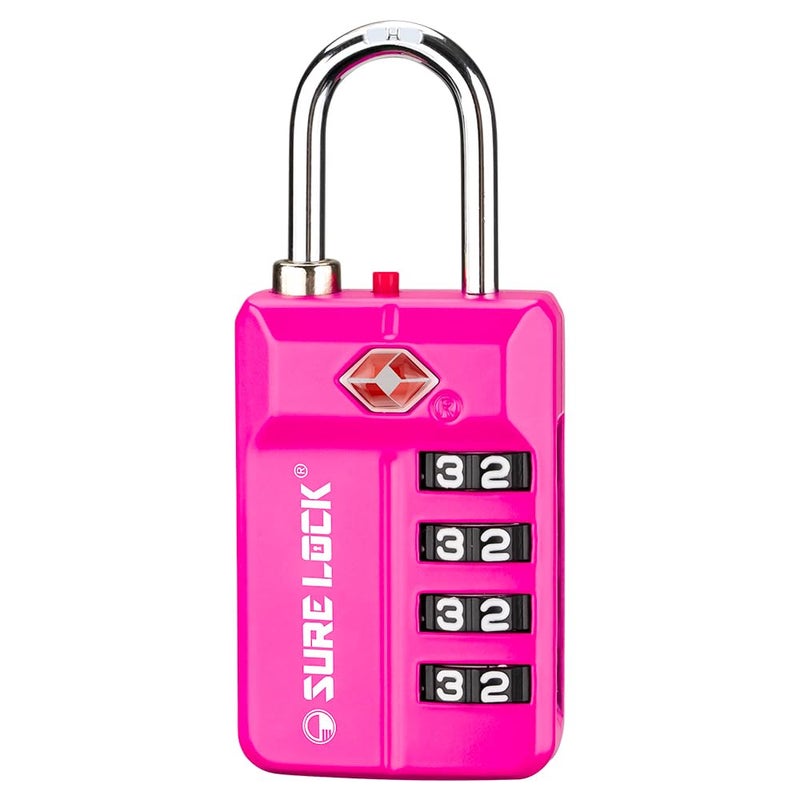 SURE LOCK TSA Approved 4Digit Resettable Combination Luggage Locks with Open Alert EasyRead Dials for Luggage School Lockers Gym Office Toolbox Security Cases Pink 1 Pack