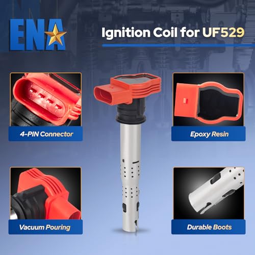 ENA ملفات الإشعال ENA UF529 متوافقة مع 2.0T أودي A4 A6 فولكس فاجن VW CC باسات GTI 2008 2009 2010 2011 2012 2013 2014 2015 2016 2.0 حزم ملفات استبدال لـ 06E905115E 06H905115B مجموعة من 4 - Image 2