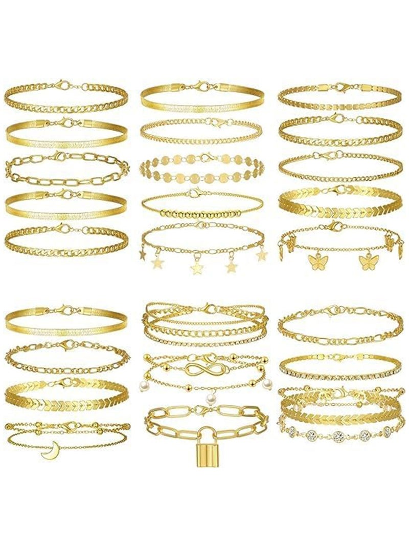 SOLARAE Anklets, Ankle Bracelets for Women Summer, Gold Anklets Layered Anklet Girls Adjustable Anklet Foot Jewelry for Beach Jewelry Gift 25 Pcs - Image 1
