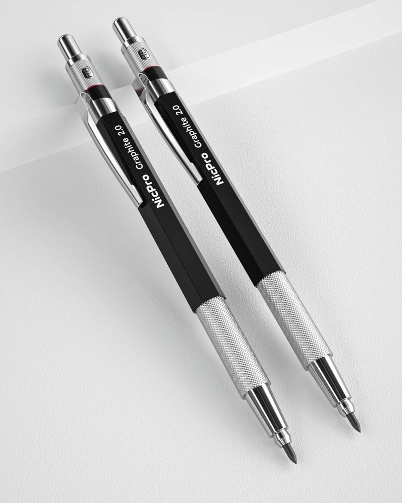 Nicpro 2mm Metal Mechanical Pencil Set, 2PCS Lead Holder 2.0 mm Marker Artist Carpenter Pencils with 120 Graphite Lead Refill (HB 2H 4H 2B 4B & Color), 2 Eraser for Drafting, Drawing Writing Sketching - Image 2
