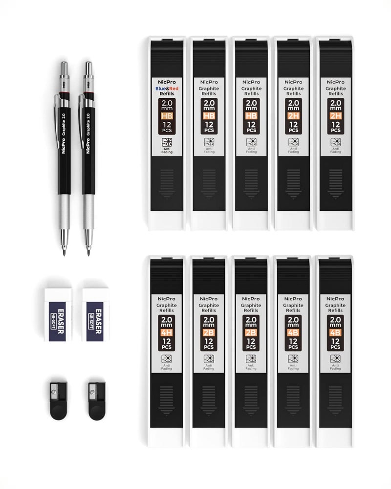 Nicpro 2mm Metal Mechanical Pencil Set, 2PCS Lead Holder 2.0 mm Marker Artist Carpenter Pencils with 120 Graphite Lead Refill (HB 2H 4H 2B 4B & Color), 2 Eraser for Drafting, Drawing Writing Sketching - Image 5