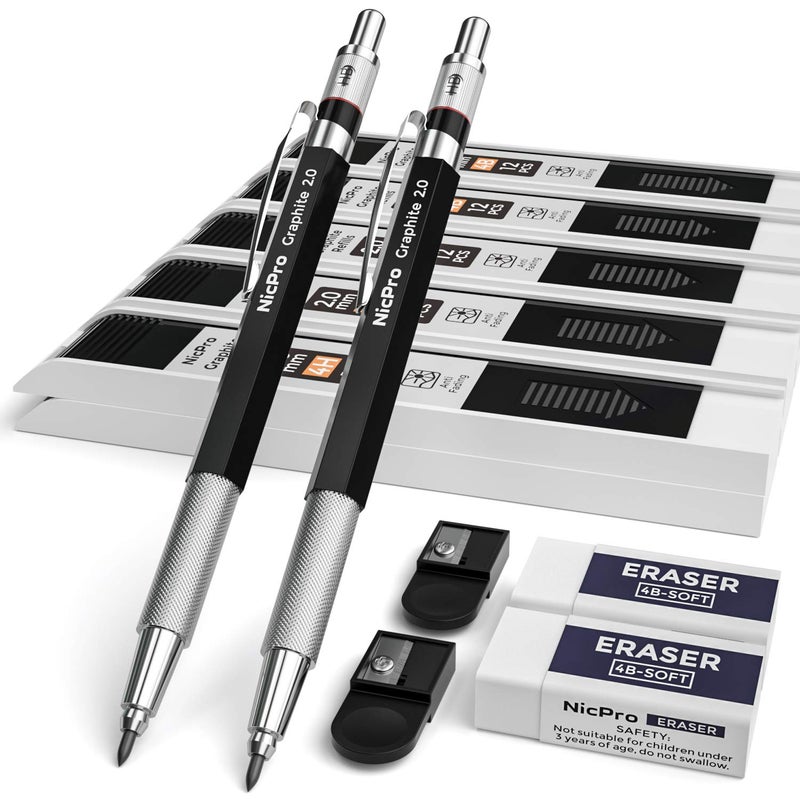 Nicpro 2mm Metal Mechanical Pencil Set, 2PCS Lead Holder 2.0 mm Marker Artist Carpenter Pencils with 120 Graphite Lead Refill (HB 2H 4H 2B 4B & Color), 2 Eraser for Drafting, Drawing Writing Sketching - Image 1