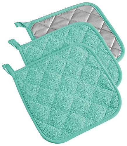 DII Basic Terry Collection Quilted 100% Cotton, Potholder, Aqua, 3 Piece - Image 1