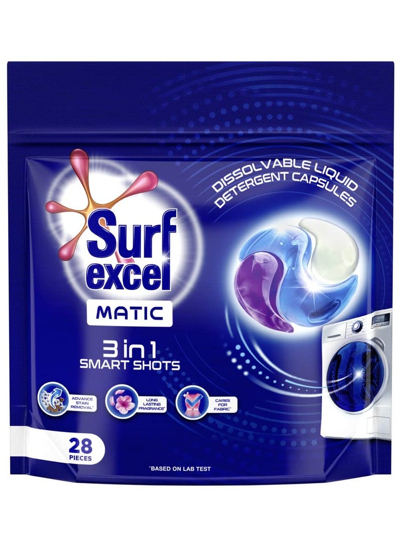 Surf Excel Matic 3 in 1 Smart Shots - 28 units of dissolvable detergent capsules with Superior Stain Removal Fabric Care and Long Lasting Fragrance 1 shot = 1 wash - Image 1