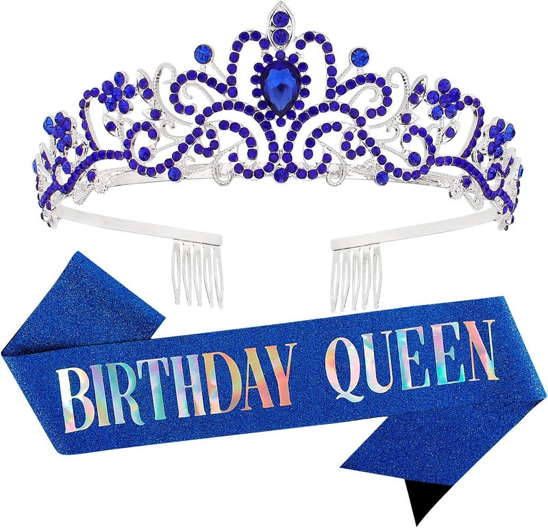 Velscrun Happy Birthday Queen Blue Silver Tiara Crowns for Women, Sash, Party Favors Supplies Gift for Her, 50th Party Decorations, Stuff Accessories - Image 1