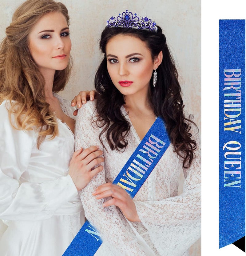 Velscrun Happy Birthday Queen Blue Silver Tiara Crowns for Women, Sash, Party Favors Supplies Gift for Her, 50th Party Decorations, Stuff Accessories - Image 2