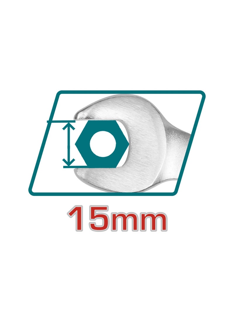 TOTAL 15mm Ratchet Spanner, Cr-V Steel, Chrome Plated, Matte Finish, 72T Ratchet with Cr-Mo Socket, 200mm Length - Image 2