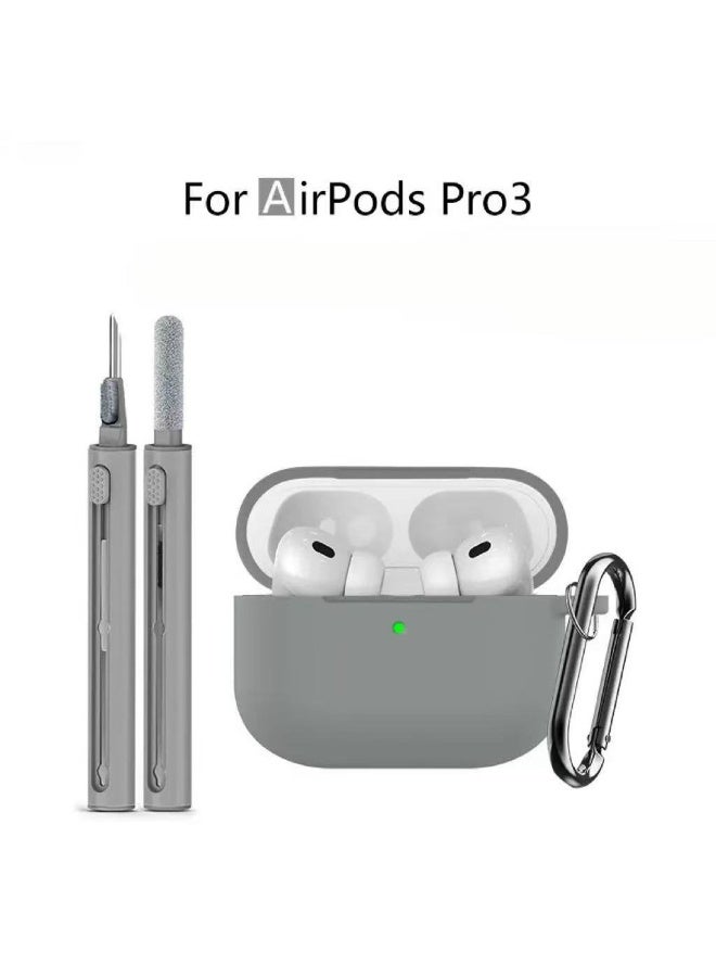 DKNG Soft silicone protective case suitable for Airpods Pro 3 [2025], comes with cleaning tools and keychain, shockproof and anti-dirt shell (gray)