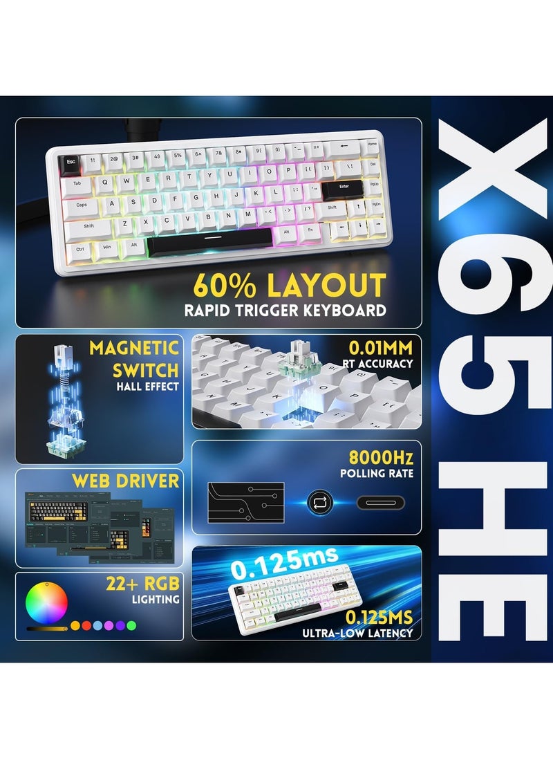 Attack Shark - X65 HE Wired Rapid Trigger Magnetic Switch 65% Mechanical Gaming Keyboard, Hall Effect Top Mounted RGB Hot Swap,Adjustable Actuation,8KHZ Polling Rate,PBT Keycaps for Win/Mac(White) - Image 1