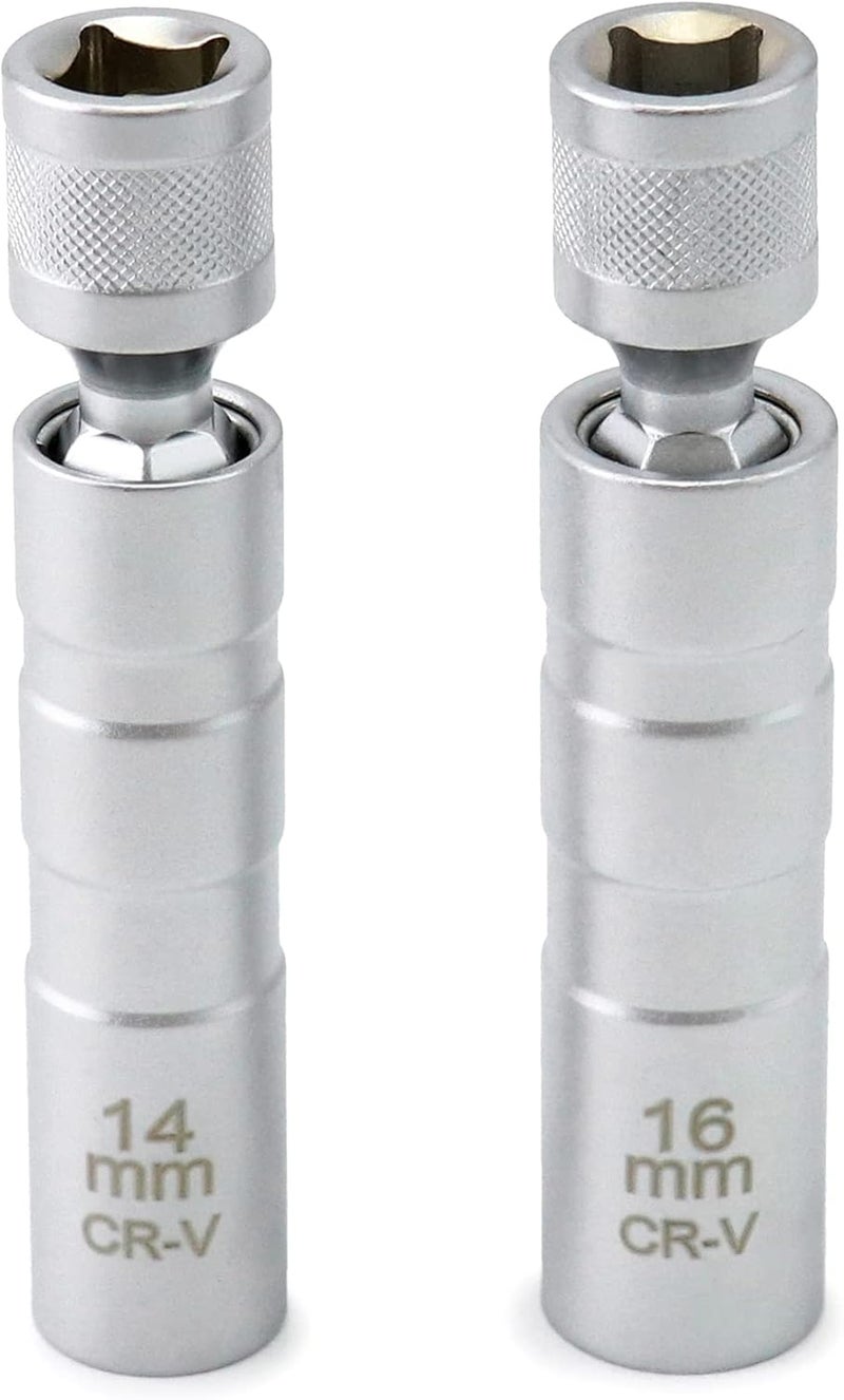 QWORK 14mm&16mm Magnetic Swivel Spark Plug Socket, Thin Wall Magnetic Rotating 3/8" Drive 12 Point Standard Spark Plug Socket Removal Tool 360-degree Rotation for Maximum Flexibility - Image 1