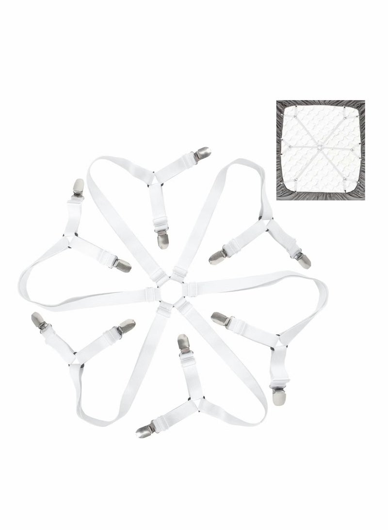 Bed Sheet Holder Straps, Adjustable Premium Fitted Suspenders with 6 Way Cross Elastic Bands and Corner Clips, for Bedding Mattress Fasteners(White)  - Image 1