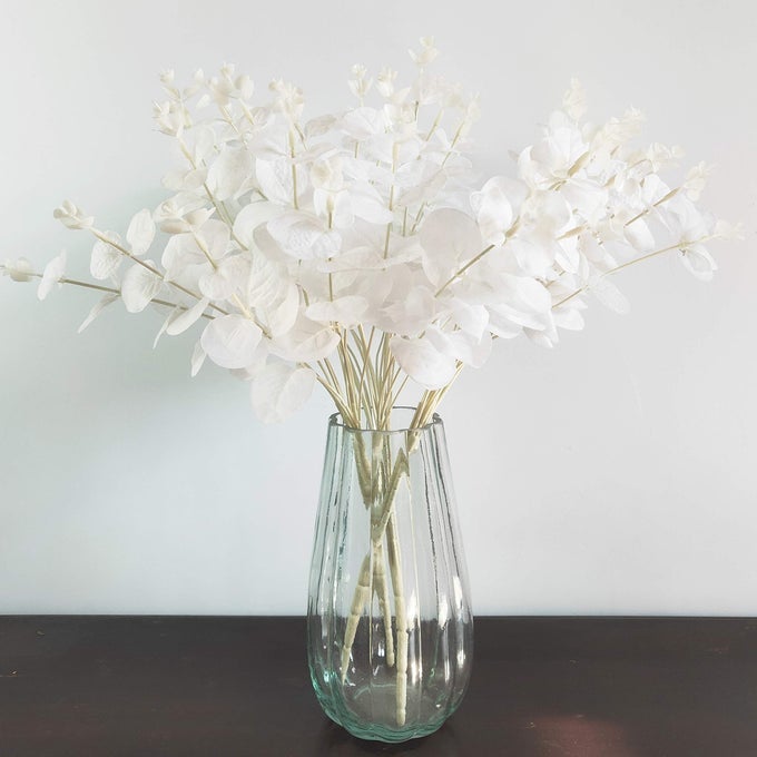 19 FAUX FLOWERS ARTIFICIAL SILK SILVER DOLLAR EUCALYPTUS STEMS FAKE PLANT FOR VASE HOME WEDDING DECOR 3 PCS WHITE