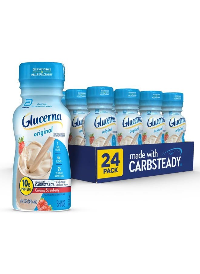 Glucerna شيك رعاية السكري الأصلي، نكهة الفراولة الكريمية، بديل الوجبة لمرضى السكري لدعم إدارة مستوى السكر في الدم، 10 جرام بروتين، 180 سعرة حرارية، جاهز للشرب، زجاجة سعة 8 أونصات، 24 عبوة - Image 1