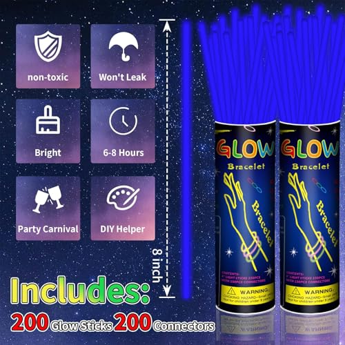 Taikula 200 Pack 8 Glow Sticks Bulk Party Favors Blue Light Up Sticks with Connectors Neon Glow in the Dark Party Supplies Bracelets for Holiday Birthday Party DecorationBlue - Image 5