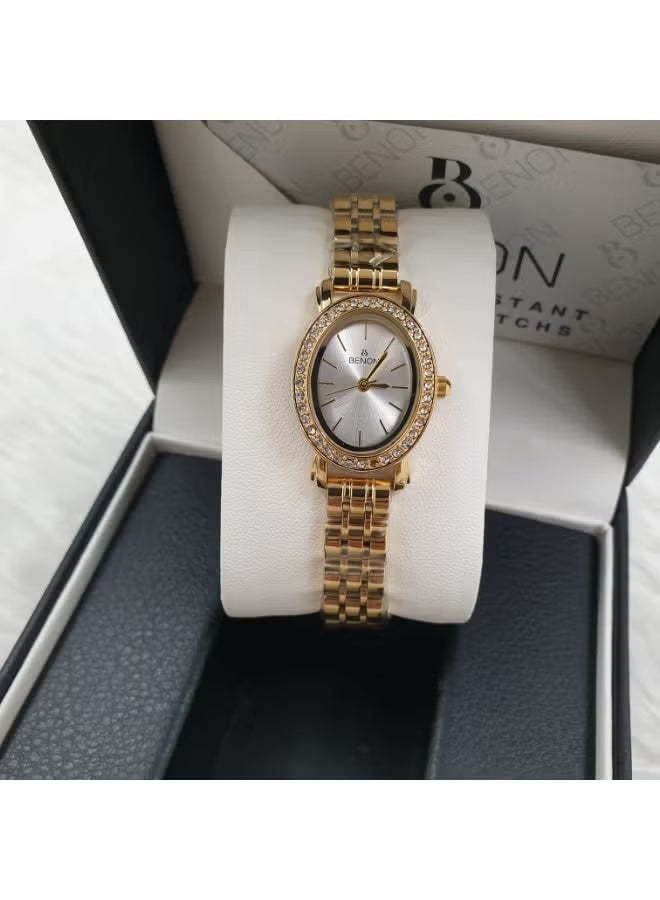 Women's stainless steel wristwatch adorned with zircon stones, water-resistant, modern and high quality, gold bracelet with a white dial