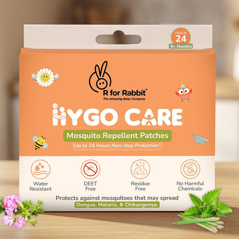 أر فور رابيت R FOR RABBIT Hygocare لصقات طارد البعوض للأطفال 100% طبيعي حماية كاملة لمدة 24 ساعة من حمى الضنك والملاريا والشيكونغونيا (عبوة من 24) - Image 1