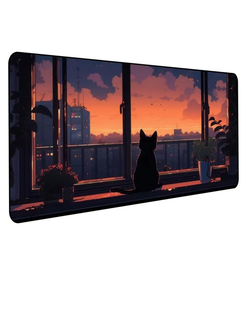 لوحة ماوس ألعاب بتصميم قطة عند النافذة (70×30 سم) للوحة المفاتيح وسجادة الماوس المكتبية - قاعدة مطاطية مضادة للانزلاق - حواف مخيطة - مقاومة للماء - إصدار سريع - Image 1