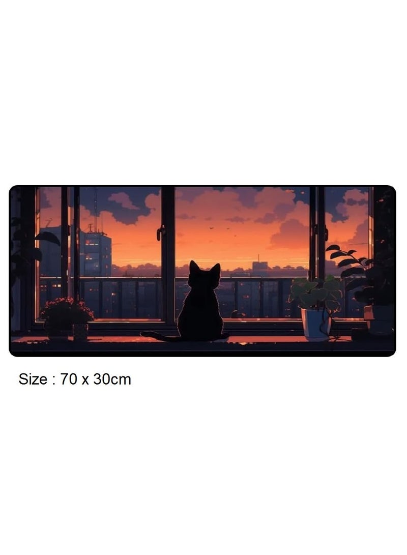 لوحة ماوس ألعاب بتصميم قطة عند النافذة (70×30 سم) للوحة المفاتيح وسجادة الماوس المكتبية - قاعدة مطاطية مضادة للانزلاق - حواف مخيطة - مقاومة للماء - إصدار سريع - Image 2