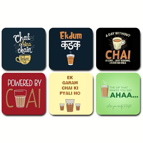 RADIQORE Coaster Set of 6 Beautiful Wooden Tea Coasters with Coaster Stand Designer Coaster Set fit for Tea Cups, Coffee Mugs and Glasses, 6 pc Round 3.5 x 3.5 inch (Design 2) - Image 1