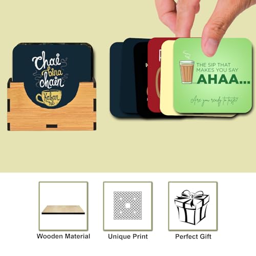 RADIQORE Coaster Set of 6 Beautiful Wooden Tea Coasters with Coaster Stand Designer Coaster Set fit for Tea Cups, Coffee Mugs and Glasses, 6 pc Round 3.5 x 3.5 inch (Design 2) - Image 4